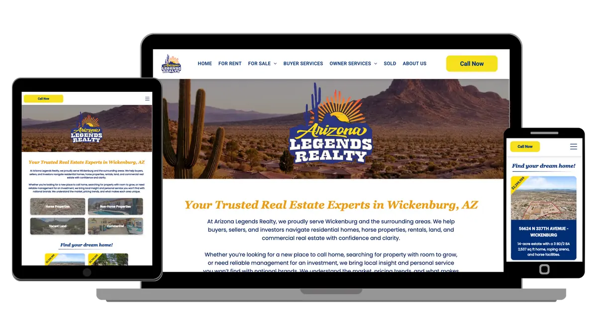 Arizona Legends Realty website shown on laptop, tablet and phone